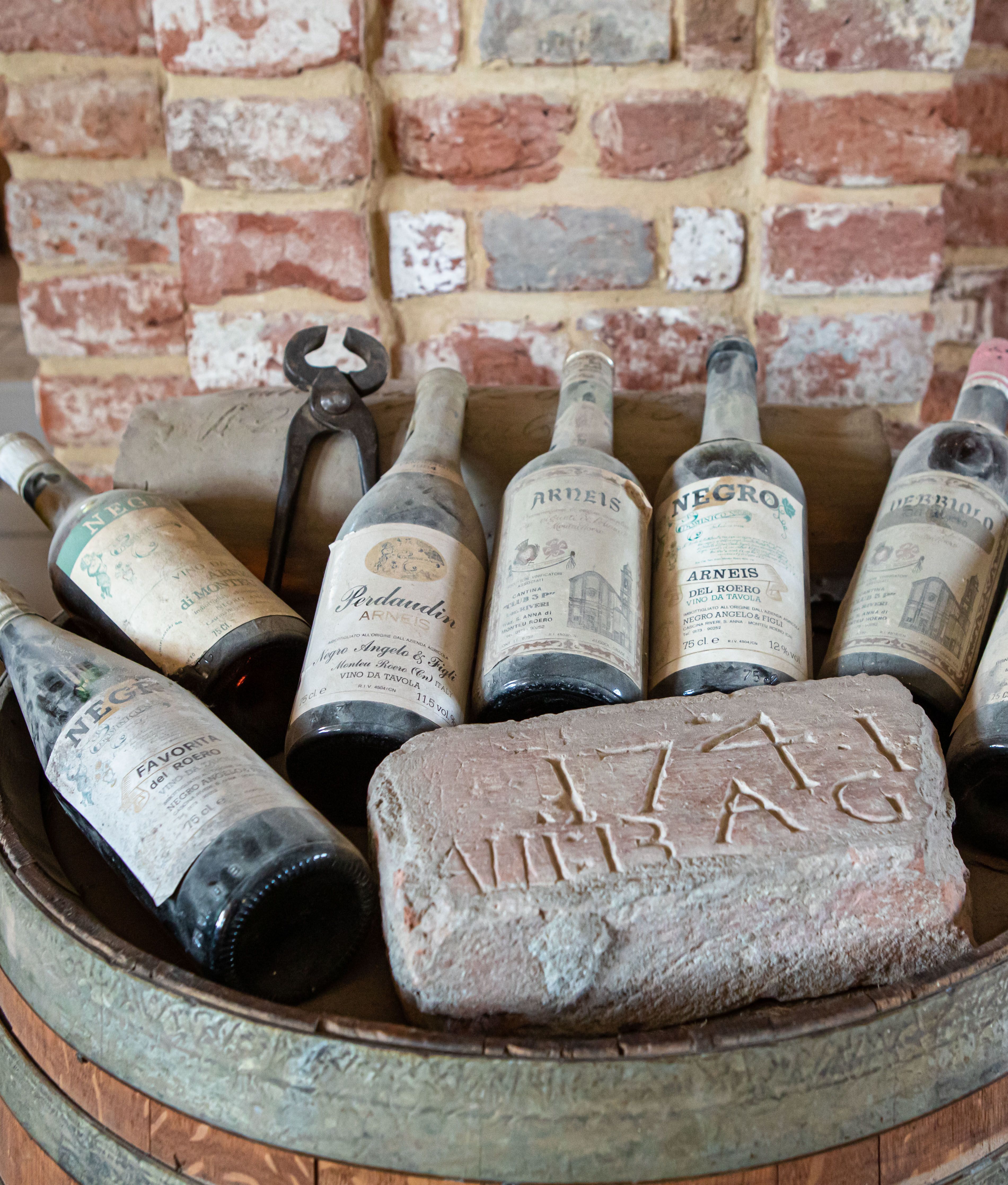 Vintage wine bottles from the Angelo Negro farm